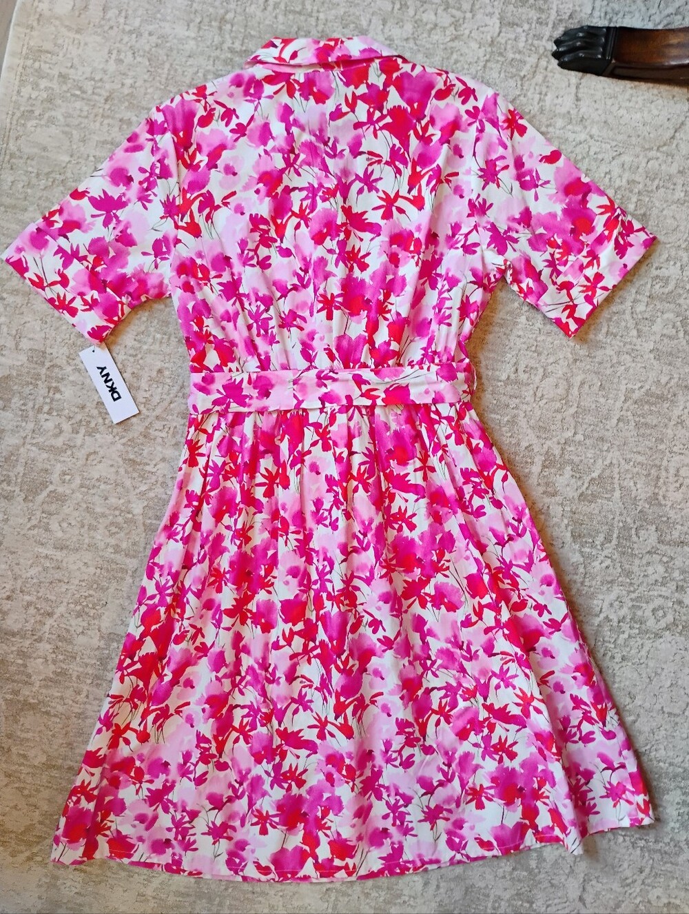 NWT 4 DKNY Pink And Red Floral Short Sleeve Midi Full Skirt Shirt Dress NEW - Picture 11 of 12